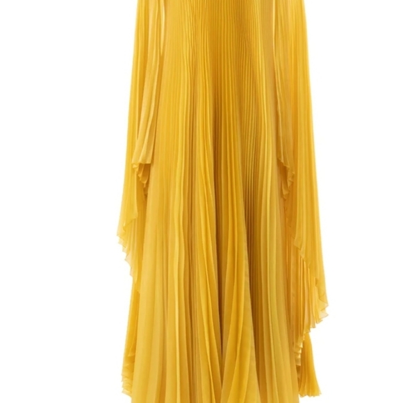 Gemy Maalouf Sz 14 Pleated Mustard Yellow Flowy Long Luxury Gown NEW WITH TAGS - Picture 4 of 12